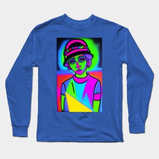 Day Glo Fluorescent Woman in Hat Long Sleeve T-Shirt